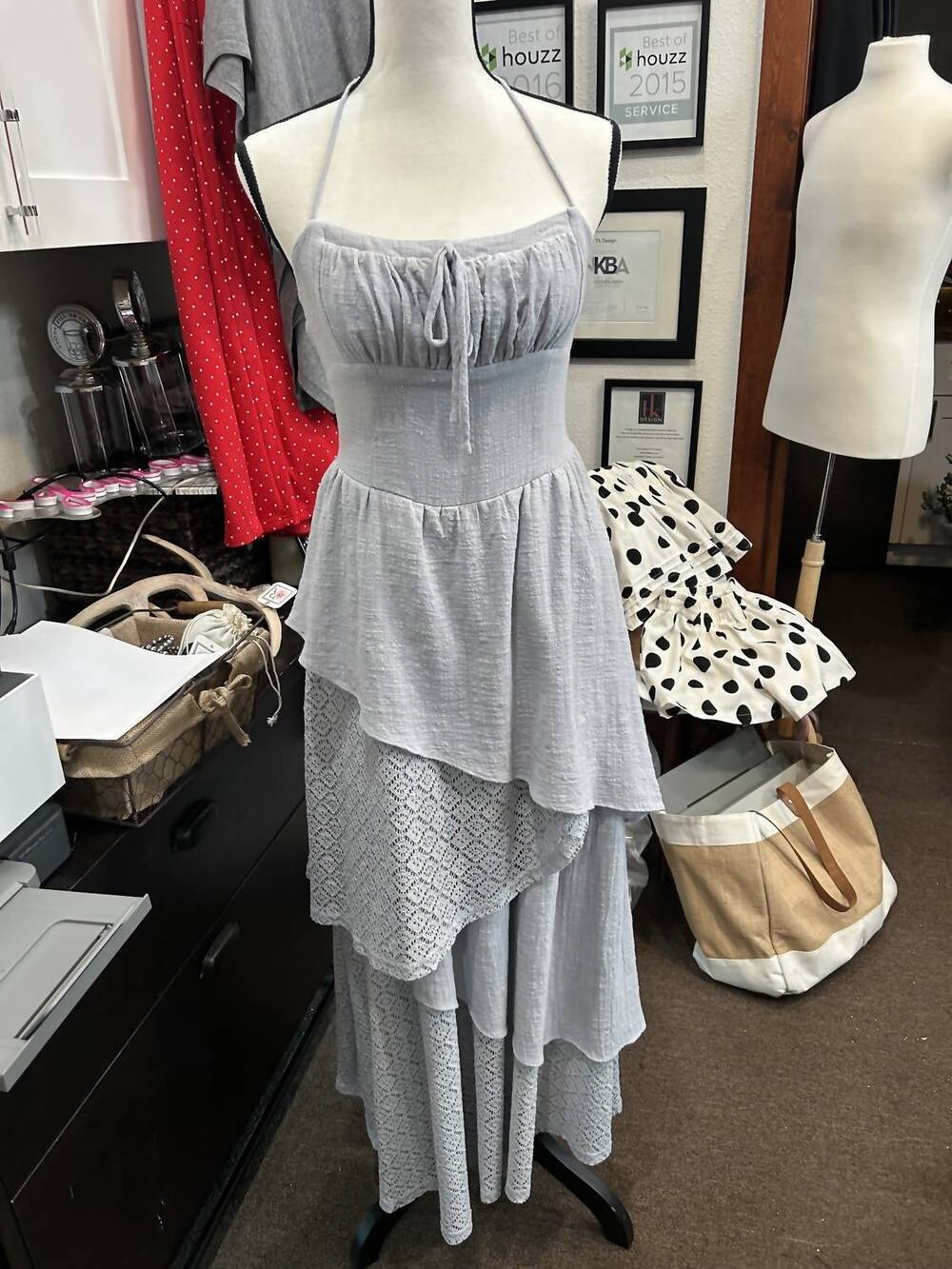 NEW PROMESA women's asymmetrical ruffled maxi dress in light blur